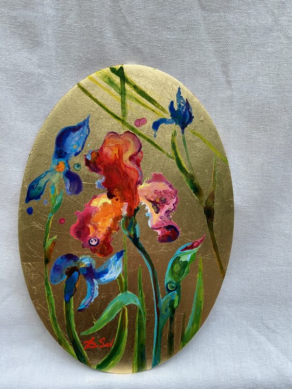 Iris, acrylic, golden leafs on wooden board, 14x20cm