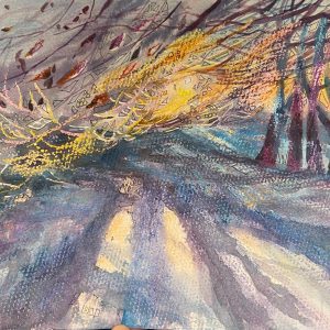 Forest light, size A4, watercolour and oil pastel